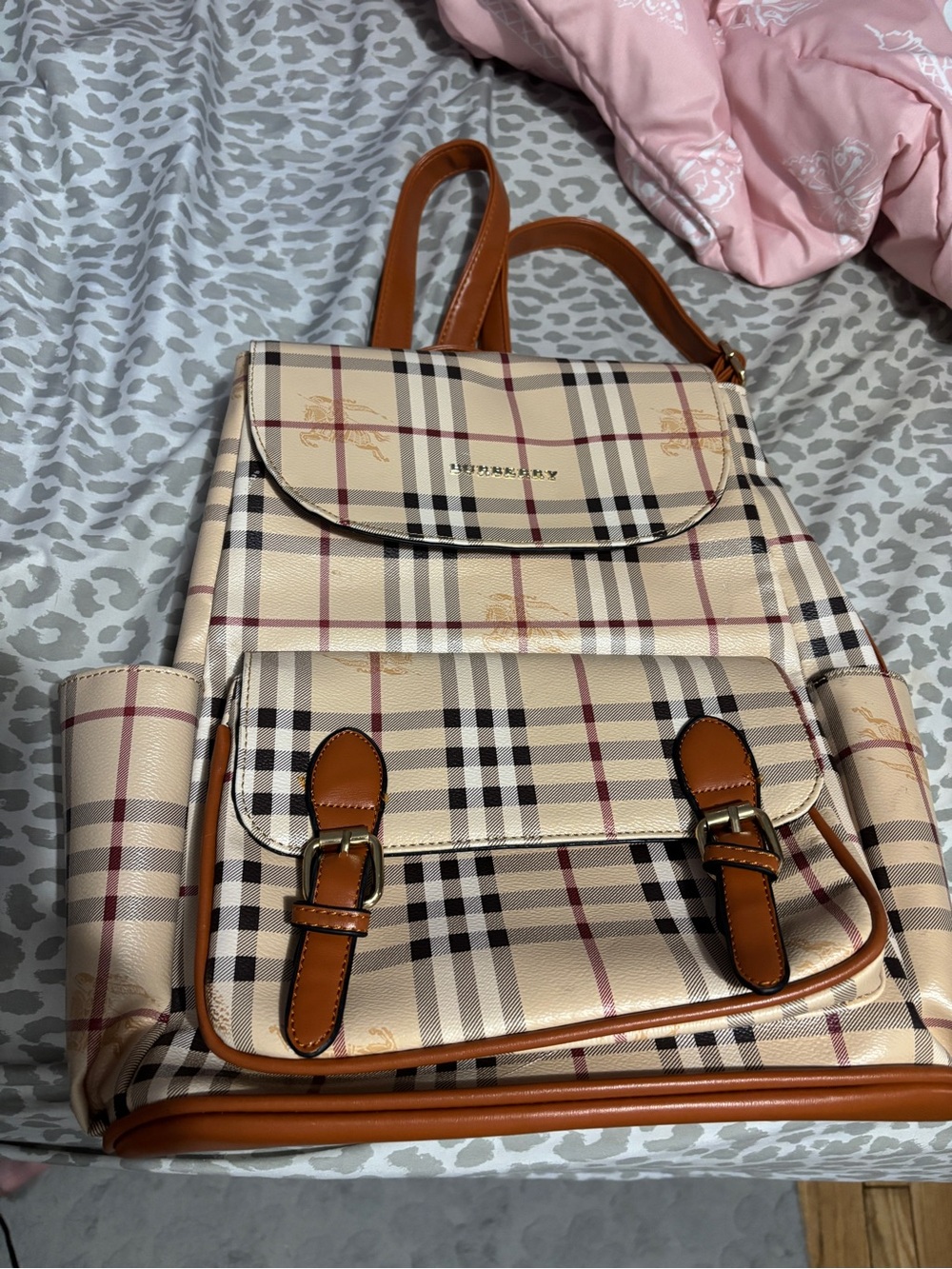 Burberry Beige Plaid Backpack with Brown Straps